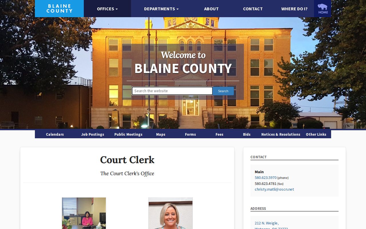 Blaine County Court Clerk office for warrant search confirmation